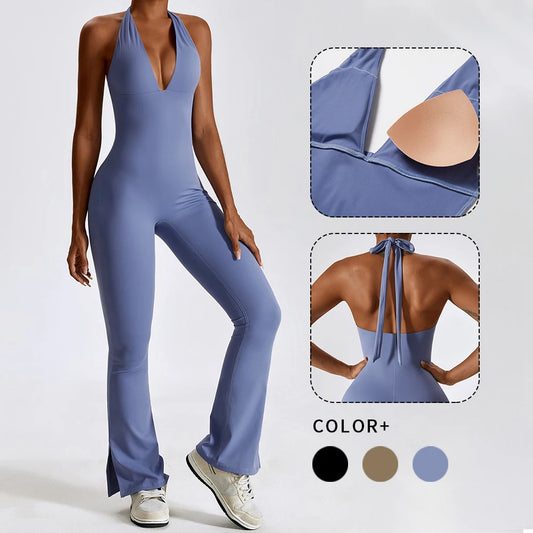 WISRUNING Neck Strap Yoga Jumpsuit Women Flared Pants Sport Push Up Tights Bodysuit Fitness Suit Workout Sportswear Gym Outfit