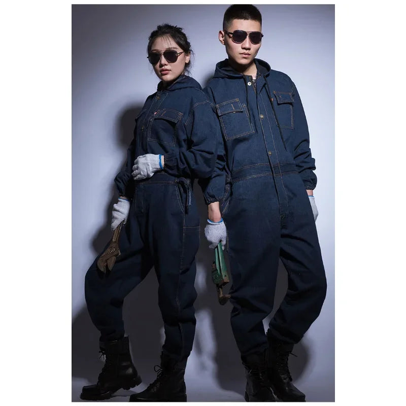 Jumpsuit Denim Cotton Thickening Suits Winter Men Women Welding Overalls Auto Repair Coverallls Welder Suit Oficina Mecanica