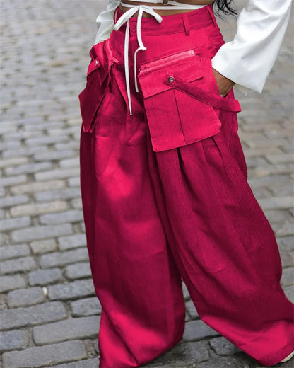 Solid Color Multi-pocket Loose Pants Women High Street Wide Leg Pants Straight High-waisted Oversized Y2K Trousers Pantalones