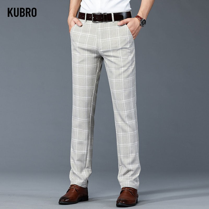 KUBRO 2023 Imitation Linen Trend Plaid Pants New Straight Men&#39;s Casual Personality All Match Pattern Home Brown Grey Trousers