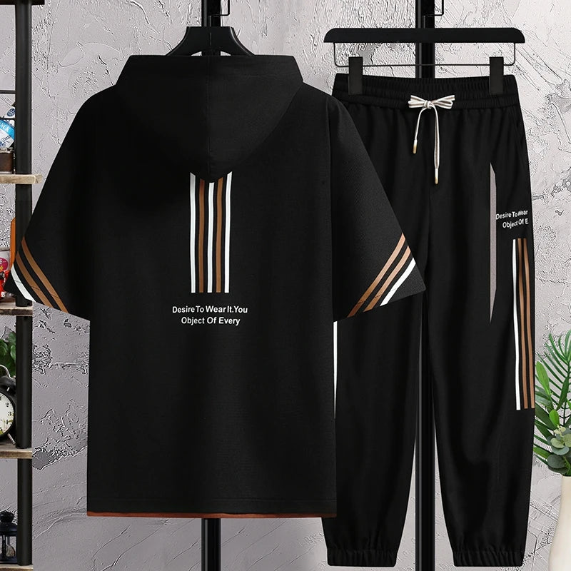 Casual Two Piece Men's Sets 2024 Summer Short Sleeve Hooded T-Shirt And Full-Length Pants Tracksuit Youth Streetwear Top Tee Set