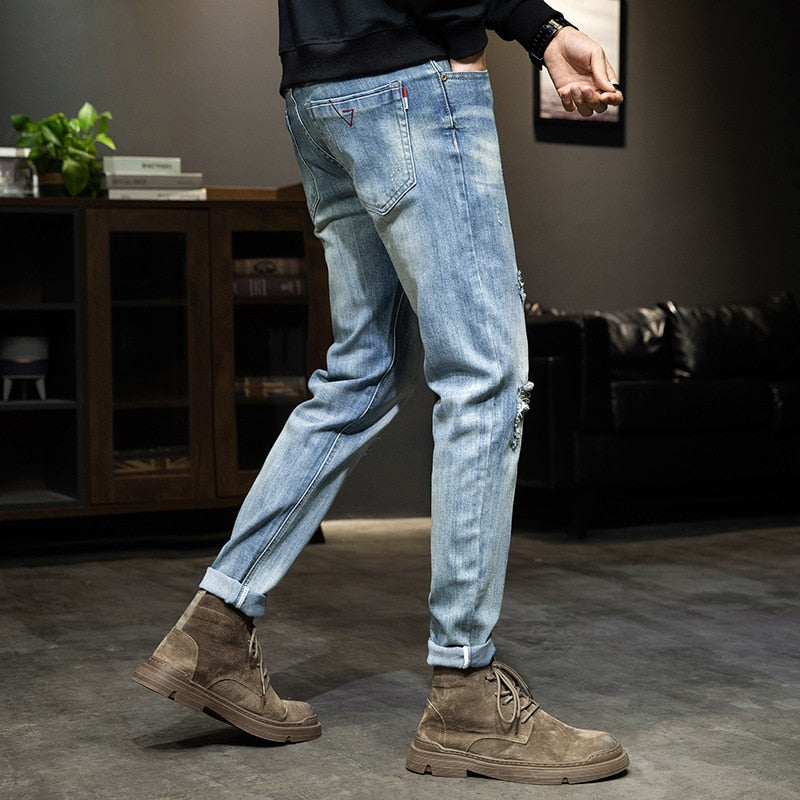 Korean Fashion Streetwear Cotton Men&#39;s Jeans Man Hole Denim Pants Classic Clothes Overalls Straight Trousers for Men Large Size