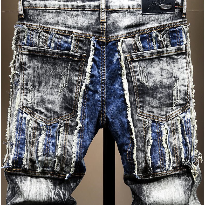 Men's Patchwork Ripped Crop Jeans Trendy Streetwear Slim Straight Stretch Denim Pants Mid Waist Ankle Length Trousers