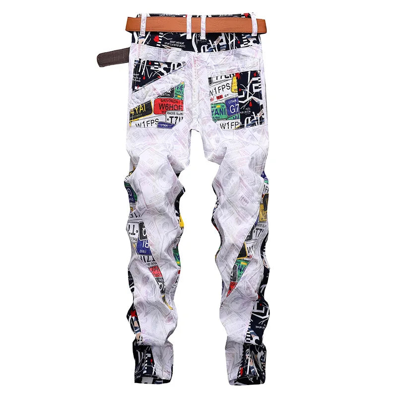 2024 new  Spring punk men's jeans printed denim pants cone mid-waist casual