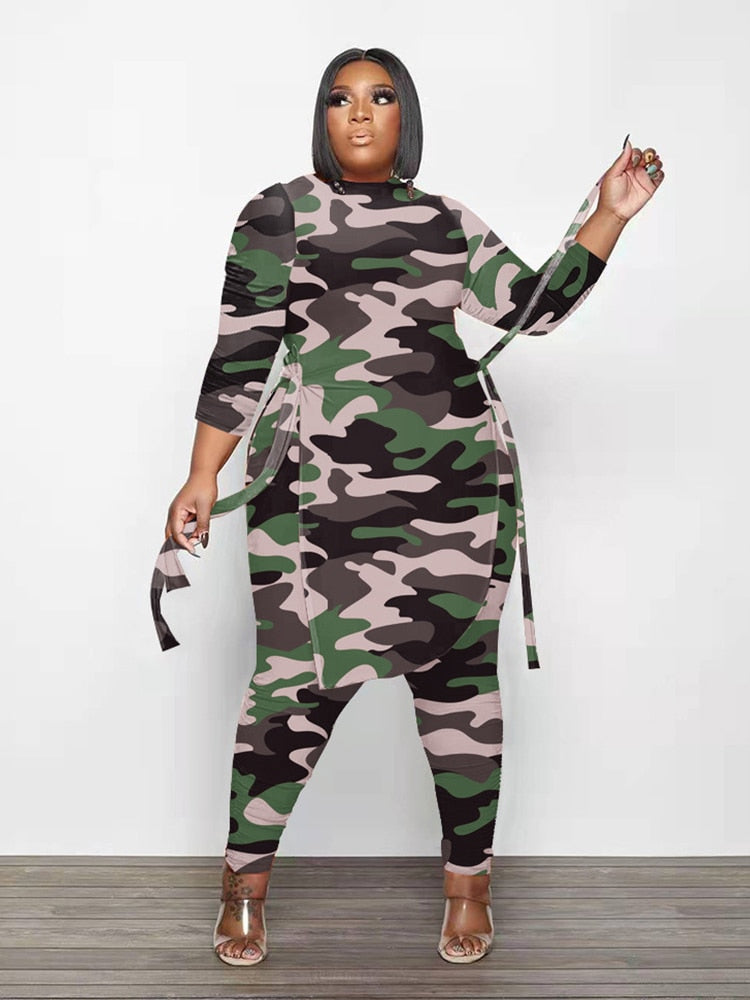 Plus Size 2 Piece Set Women 5xl Fall Long Sleeve Top and Pant Suit Camouflage Outfit Two Piece Wholesale Bulk Dropshipping