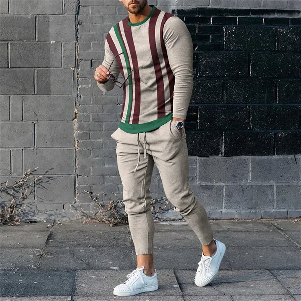 Fashion Men's Long Sleeve T-shirt Set Sports Pants New 3D Printed Casual Male Clothes Oversized Tracksuits 2 Piece Suit Jogging