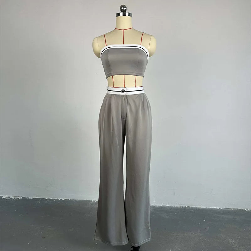 Women Two Piece Pant Sets Vest Spliced Sleeveless Strapless High Waist Long Pants Pockets Button Sporty Summer Casual
