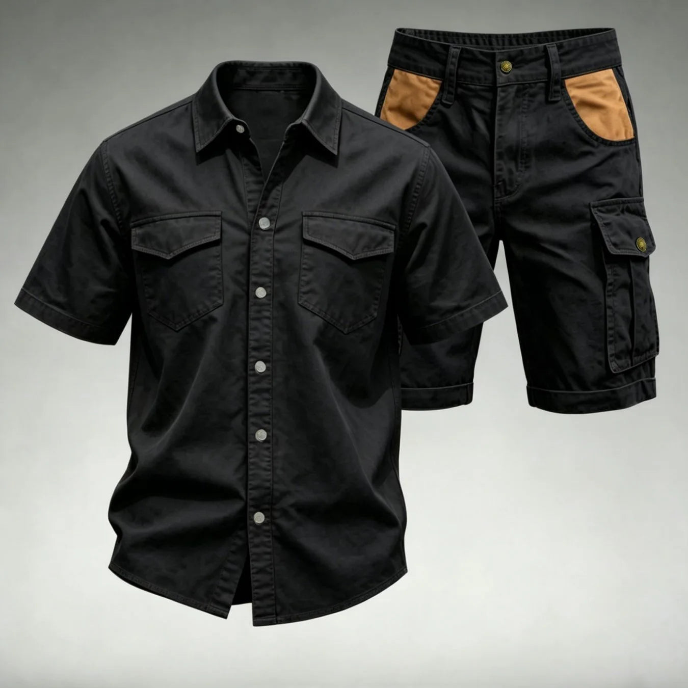 2026 Male Vintage Mens Multi Pocket Outfits Stylish Men Patchwork Shirt Shorts Sets Outdoor Casual Short Sleeve Two Piece Suits