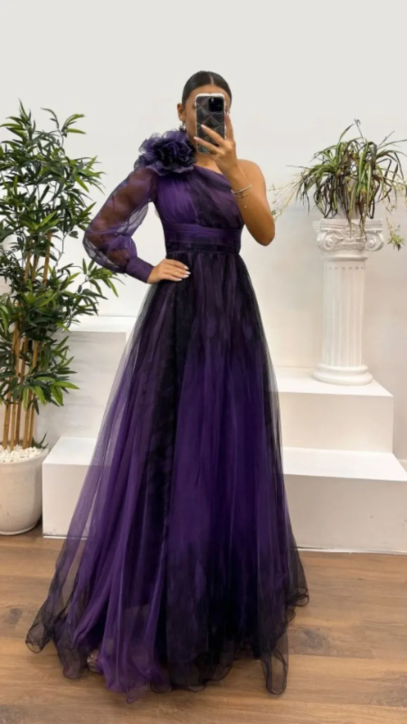 2025 Women Evening Dress Off Shoulder Pleated Long Lantern Sleeve Split Hem Maxi Dress Rhinestone Decor High Waist Party Dresses