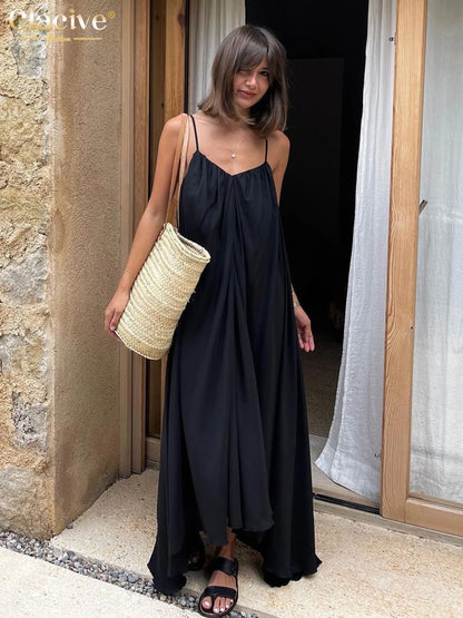 Clacive Summer Loose Black Women'S Dress  Fashion Strap Sleeveless Ankle-Length Dresses Elegant Backless Female Sundress