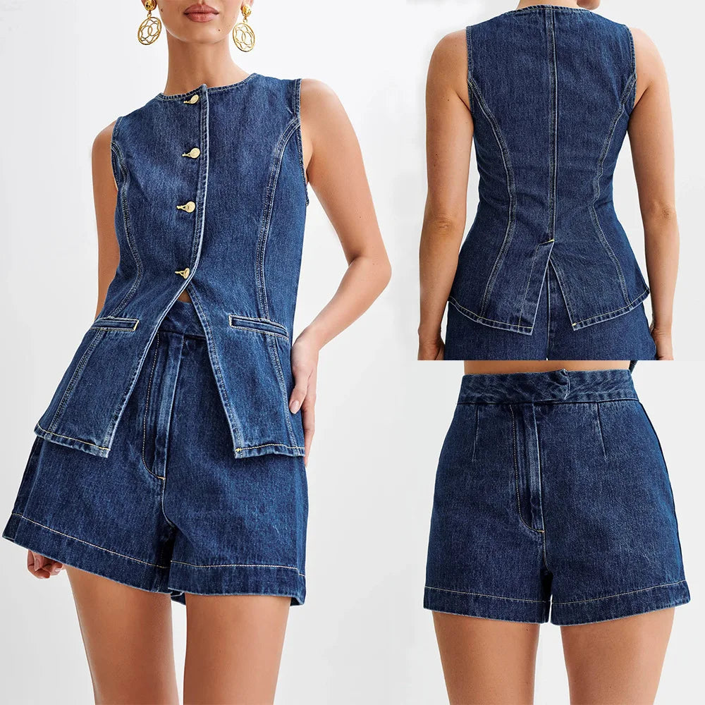 EOTVOTEE Streetwear Slim Sleeveless Denim Top for Women Fashion Casual High Waist Denim Shorts 2025 New Spring Summer Short Sets