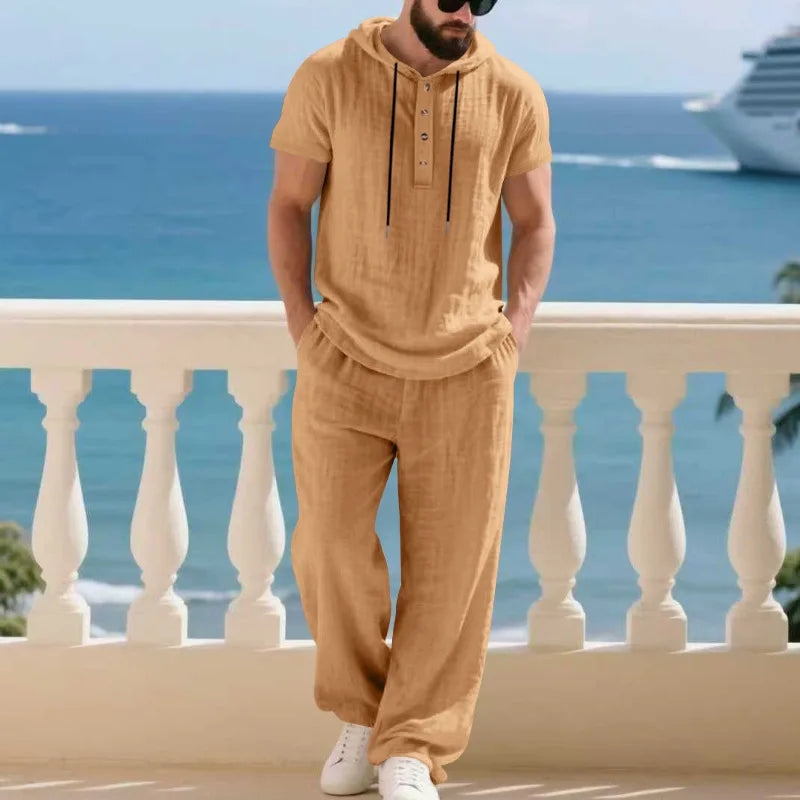 Men's Summer Casual Linen 2 Piece Outfit Short Sleeve Hoodie & Loose Pants Set Breathable Tracksuit for Beach Daliy Streetwesr