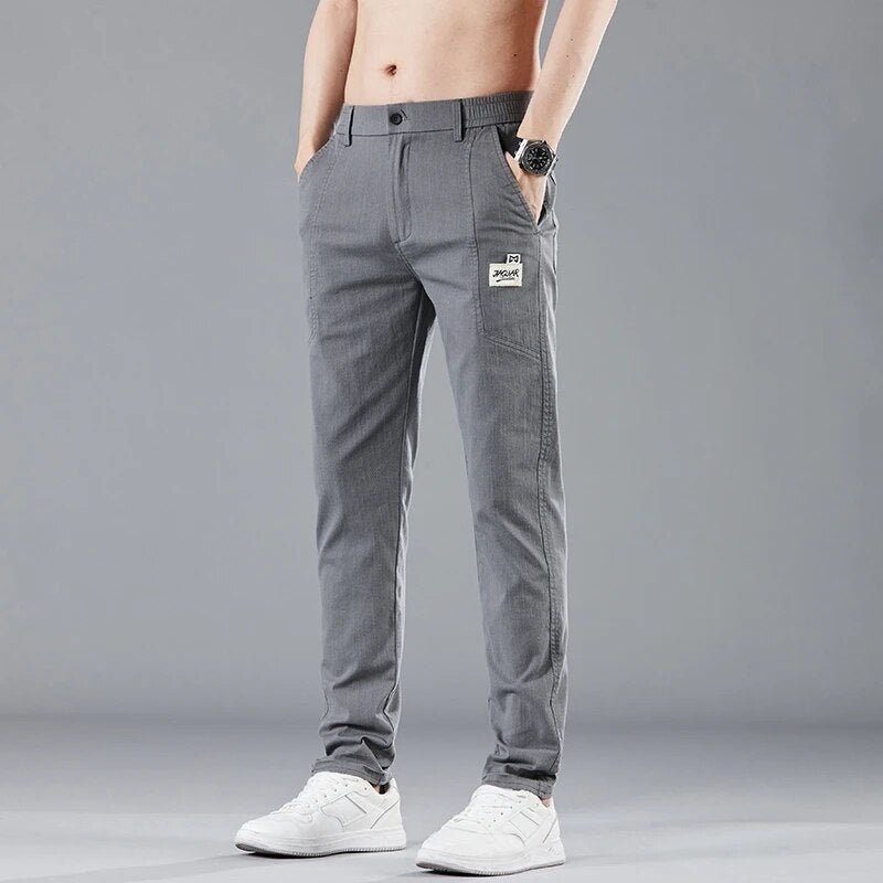 Spring Summer Elastic Waist Design Men&#39;s Thin Casual Pants Korean Fashion Cotton Stretch Business Trousers Male Grey Blue