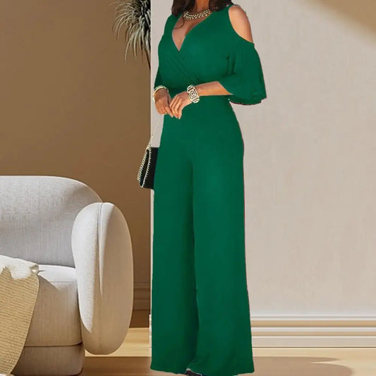 Spring And Autumn Women Jumpsuit Hollowed Out Strapless Solid Color Women Jumpsuit V-neck High Waist Belt Wide-leg Pant