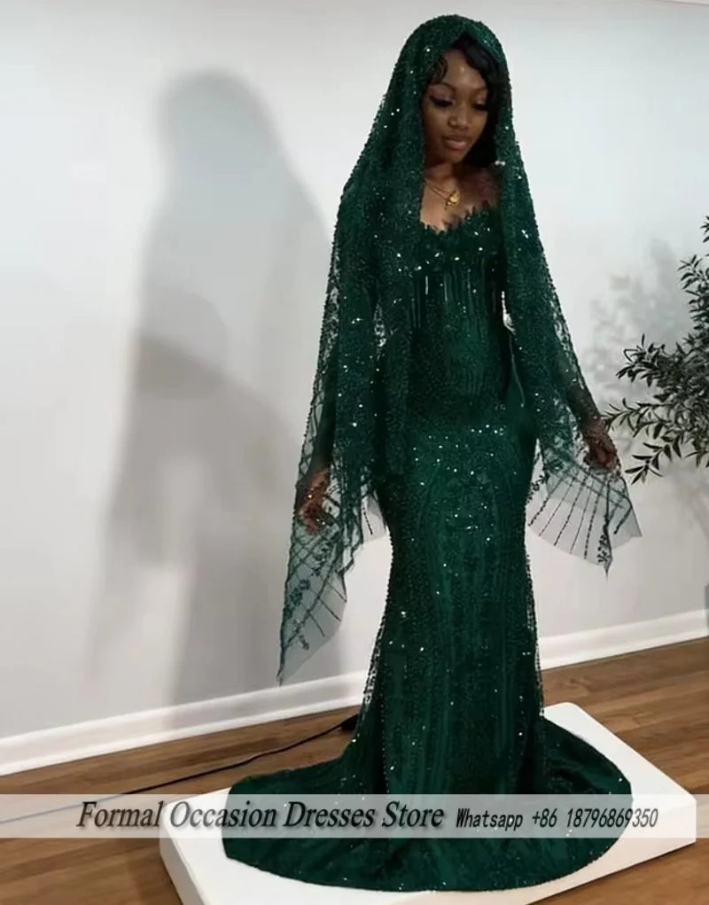 Luxury Red Prom Dresses With Veil 2026 Sequin Beading Black Girls Evening Dress 2025 Sleeveless Birthday Party Gowns Customized