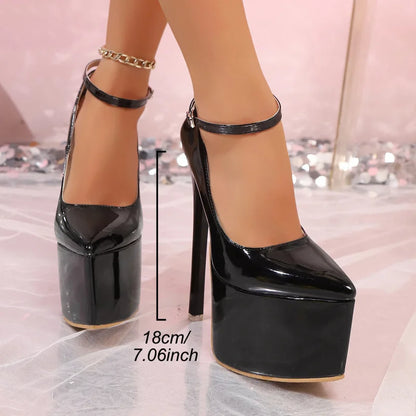 European and American Style High Heels for Women Sky-High One-Strap Patent Leather Thick-Soled Plus Size Height-Increasing Shoes