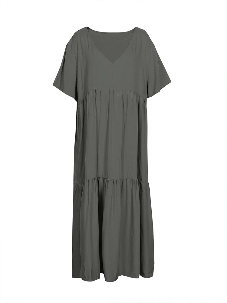 Damen Übergröße Lässiges lockeres V-Ausschnitt Einfarbiges langes Kleid Frühling Sommer Plissee Big Size Damenkleid