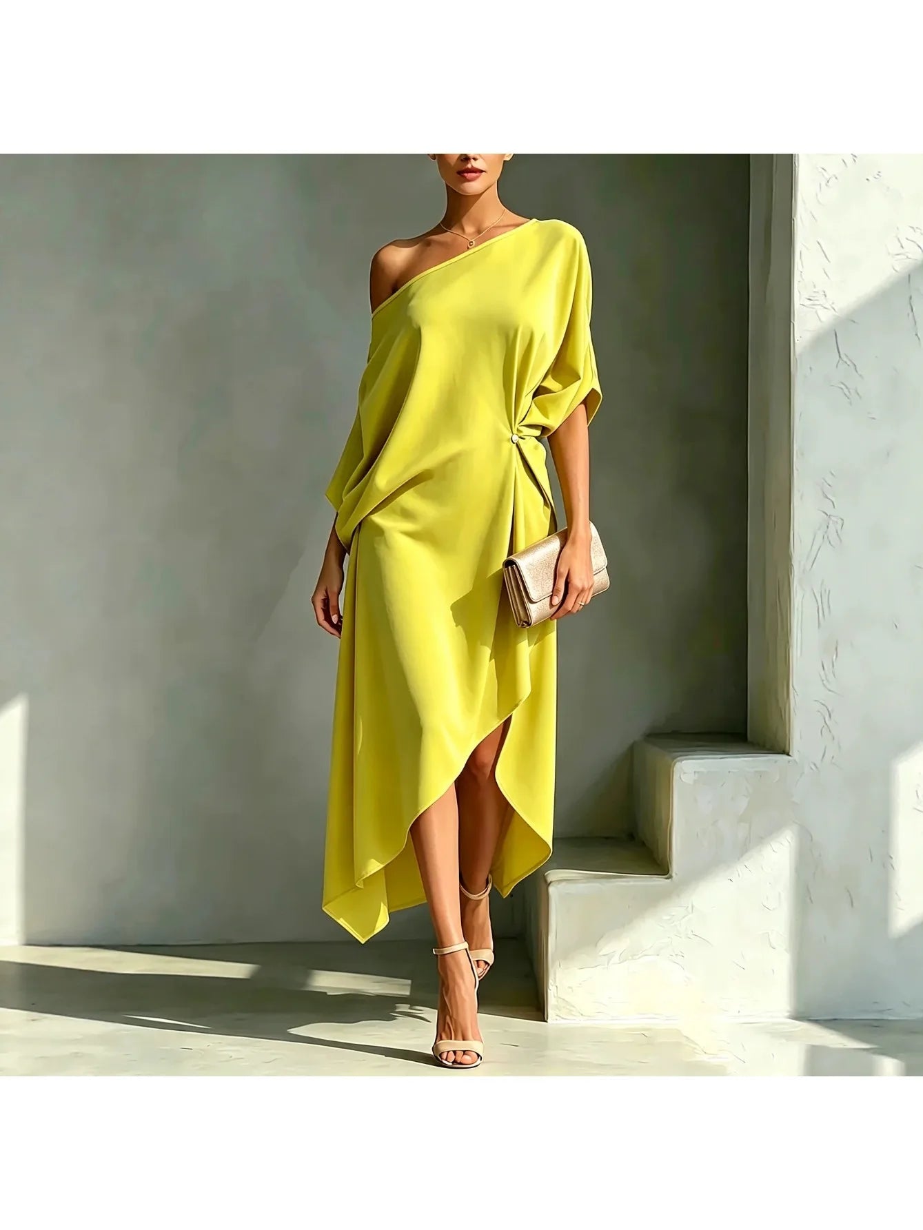 One Shoulder Midi Dress Asymmetrical Hem Waist Knot 3/4 Sleeve Draped Formal Evening Elegant Color Cocktail Dress for Women