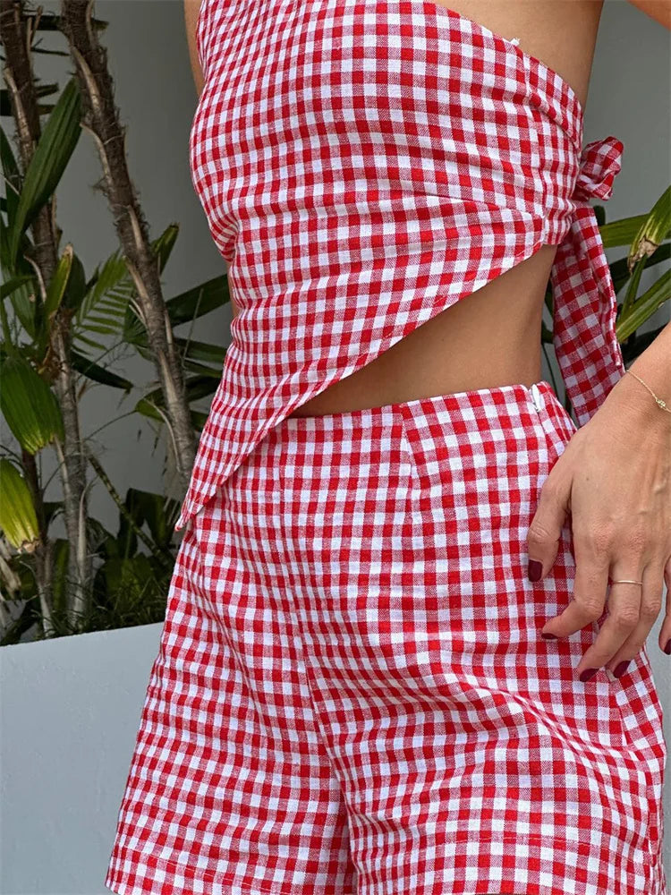 Thorn Tree Women Plaid Print Casual 2 Pieces Outfits Sleeveless Off Shoulder Tank Crop Tops High Waist Shorts Sets Clubwear 2024