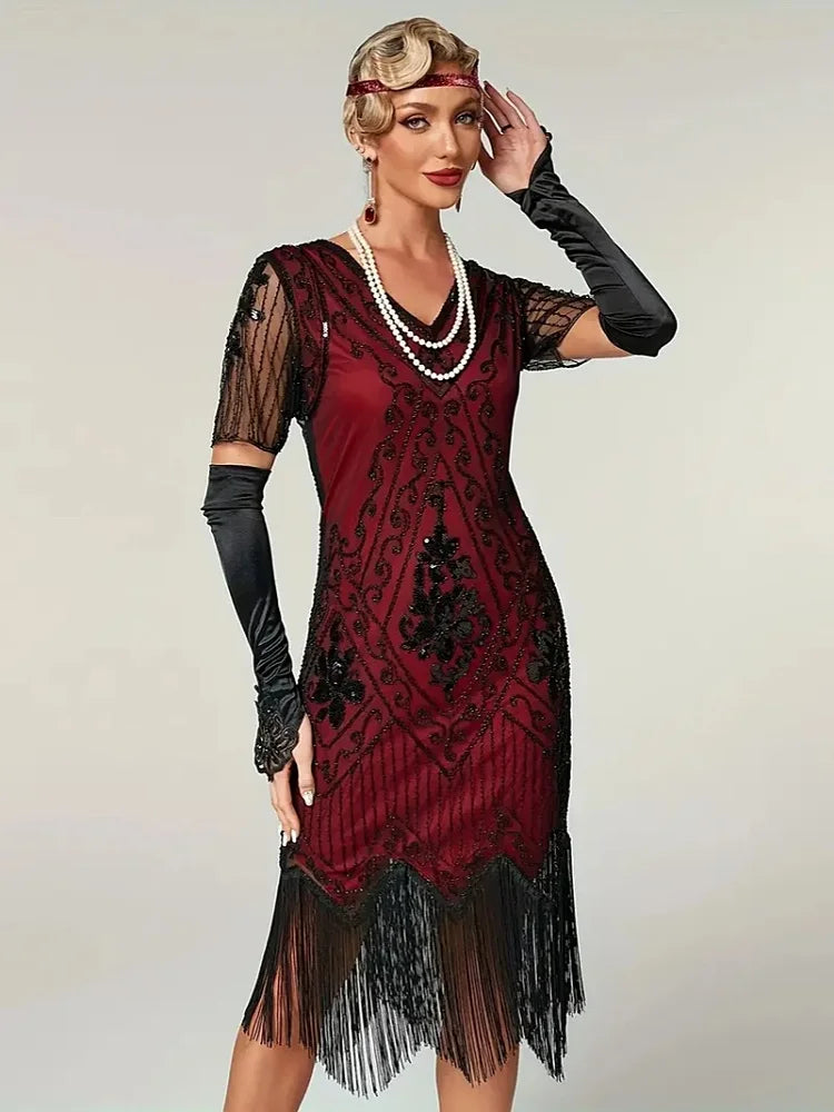 Embellished Beaded Sequin Dress Robe Vestidos Women 1920s Flapper Dress Vintage V Neck Butterfly Sleeve Long Great Gatsby Dress