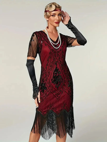 Embellished Beaded Sequin Dress Robe Vestidos Women 1920s Flapper Dress Vintage V Neck Butterfly Sleeve Long Great Gatsby Dress