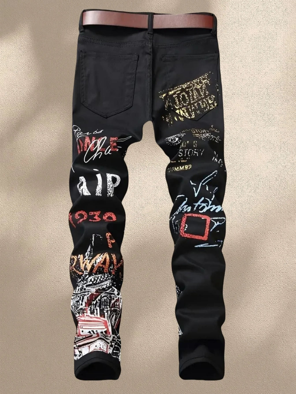 Street casual wear, men's jeans, fashionable printed patterns, classic style trousers with cinched waist design. Black color
