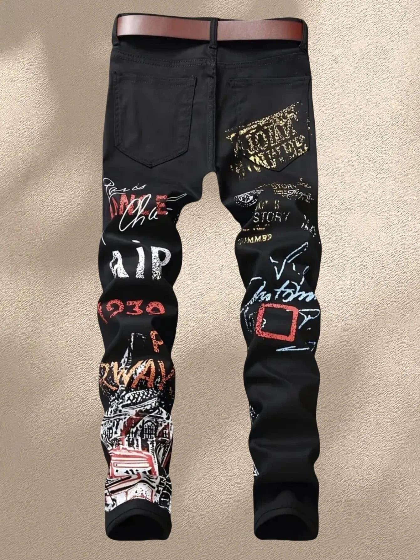 Street casual wear, men's jeans, fashionable printed patterns, classic style trousers with cinched waist design. Black color