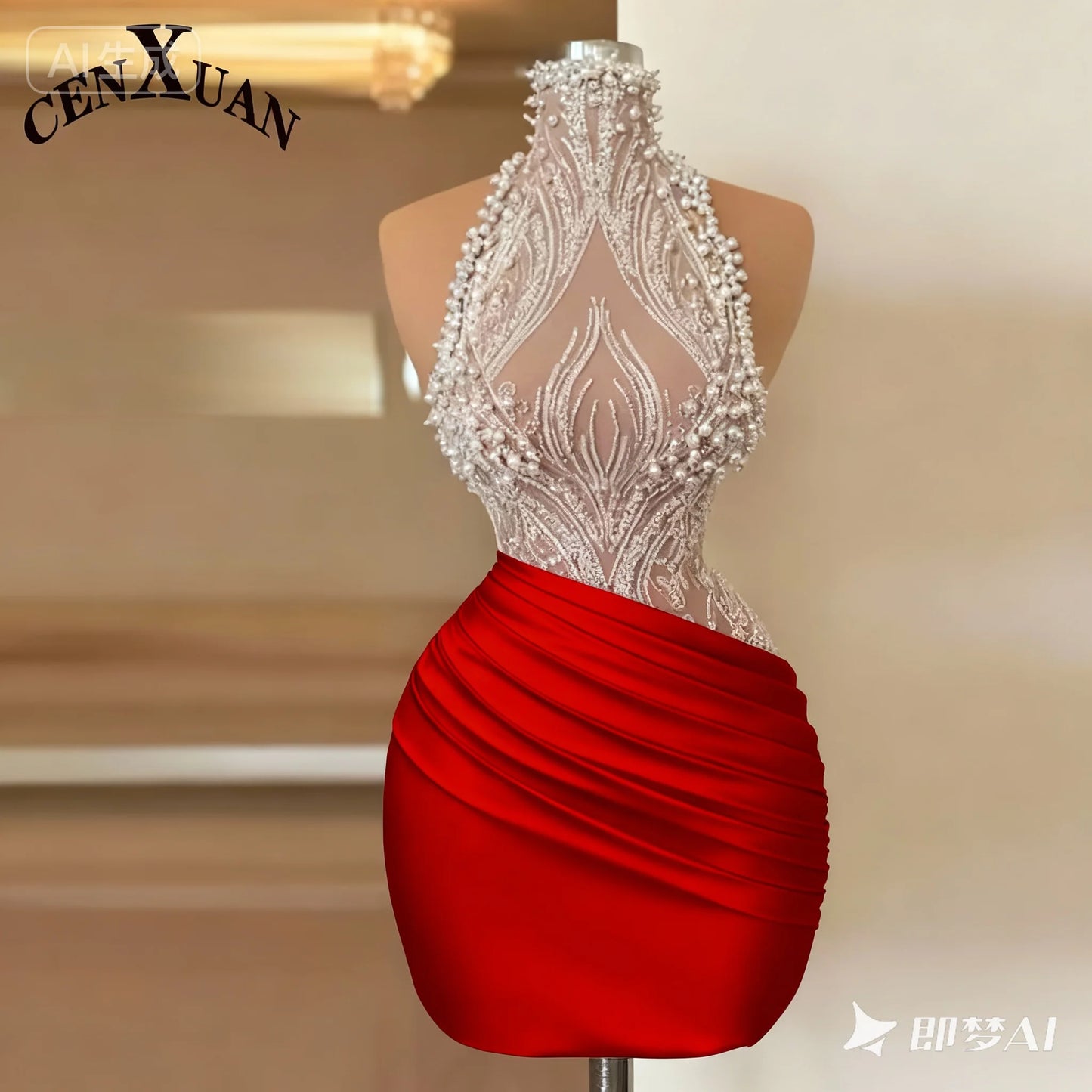 CENXUAN White Mini Prom Dresses Pearl Beaded Strap vestidos de fiesta Elegant Sleeveless Short Customized Evening Dress