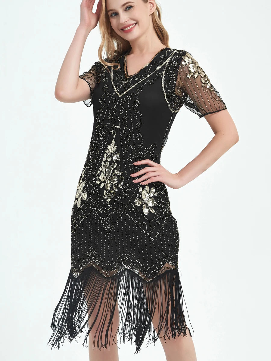 Embellished Beaded Sequin Dress Robe Vestidos Women 1920s Flapper Dress Vintage V Neck Butterfly Sleeve Long Great Gatsby Dress
