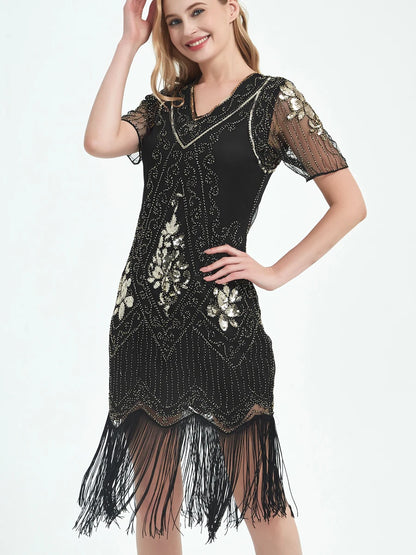 Embellished Beaded Sequin Dress Robe Vestidos Women 1920s Flapper Dress Vintage V Neck Butterfly Sleeve Long Great Gatsby Dress