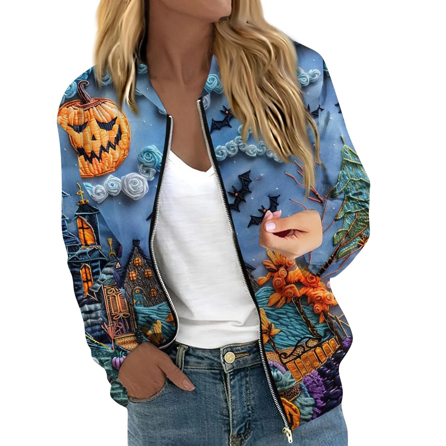 Women's Halloween Print Jacket Fashion Casual Long Sleeve O-Neck Zipper Jackets Top Fall all-match coat Women's autumn clothes