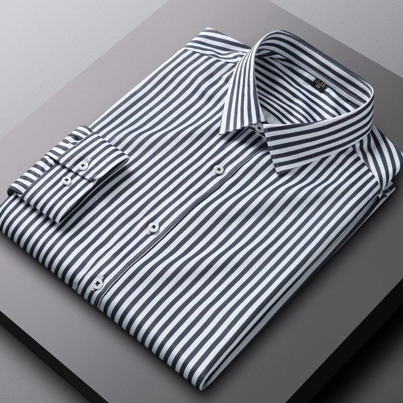 High Quality Stripe Stretch Anti-Wrinkle Non-iron Men Shirts Long Sleeve Dress Shirts Male Slim Social Business Casual Shirt