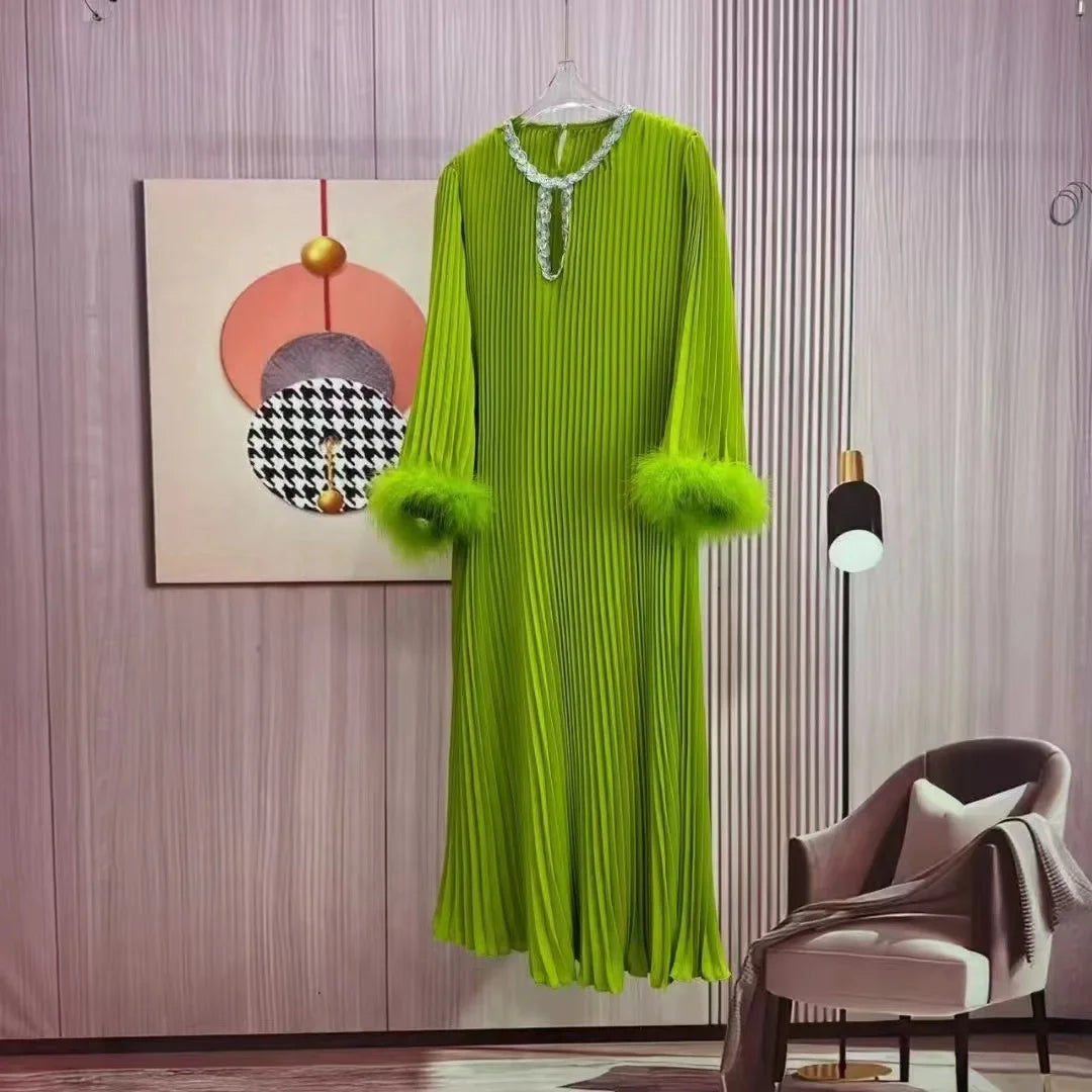 Pleated Ruffles Long Dresses Women Full Sleeve Round Collar A Line Lace-up Solid Color New 2024 Female Dress