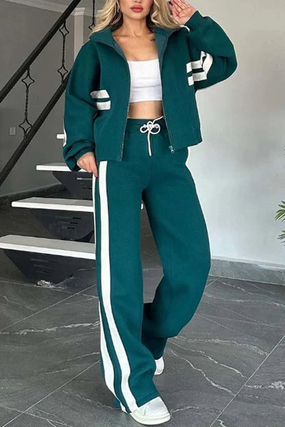 Autumn Winter Women's New Hoodie Suit Y2K Striped Zipper Loose Fit Jacket Outwear And High Waist Side-striped Pants Sports Sets