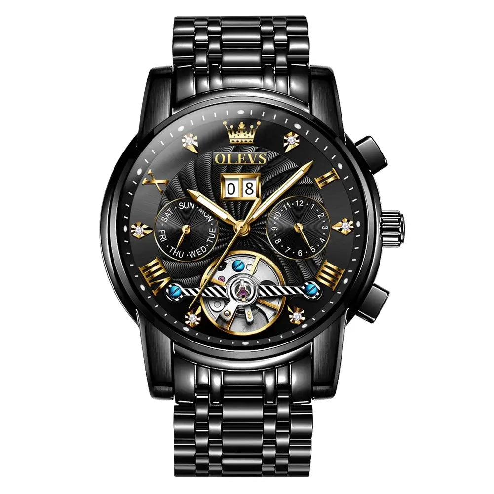 OLEVS Classic Men's Watches Tourbillon Multi-function Full Automatic Men Watch High end Male Wristwatches Mechanical Watch 9910 in black gold design.
