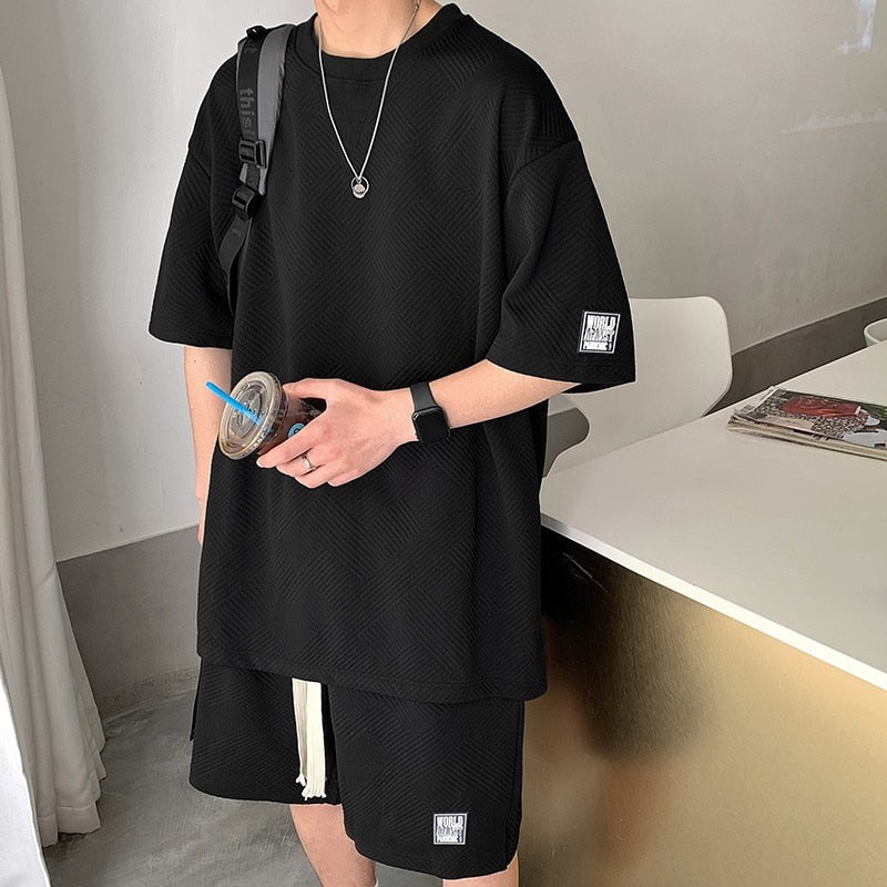 2023 Summer Men&#39;s Tracksuit Waffle Fabric Breathable Casual T-Shirt and Shorts  Fashion Half  Sleeve Two Piece Set for Unisex