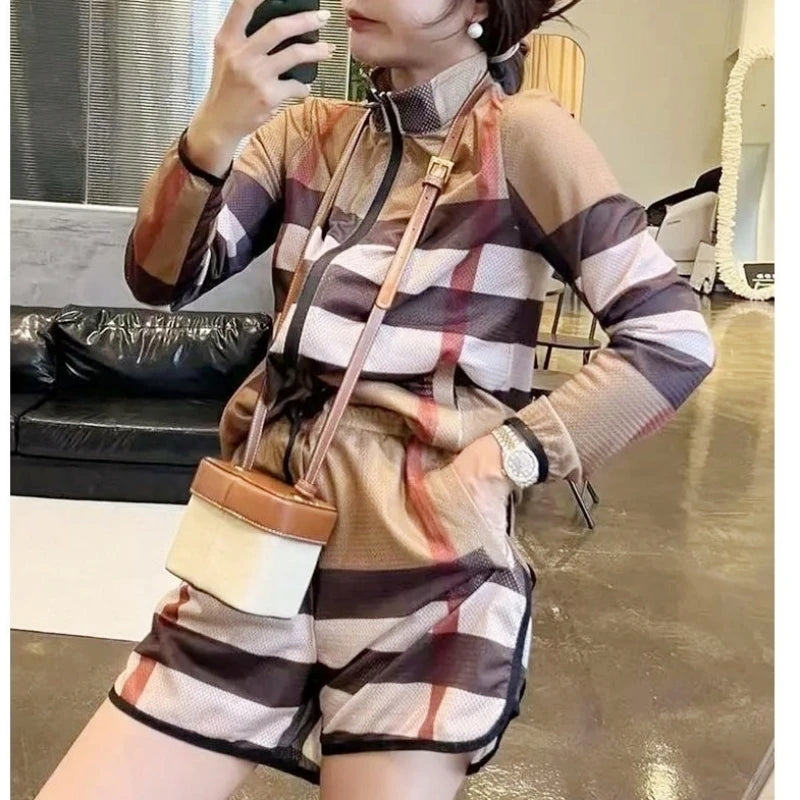 2024 Summer Luxury Brand Design Popula Mesh Fabric Print Breathable Long Sleeves Top Coat Shorts Pant 2 Piece Set Clothing