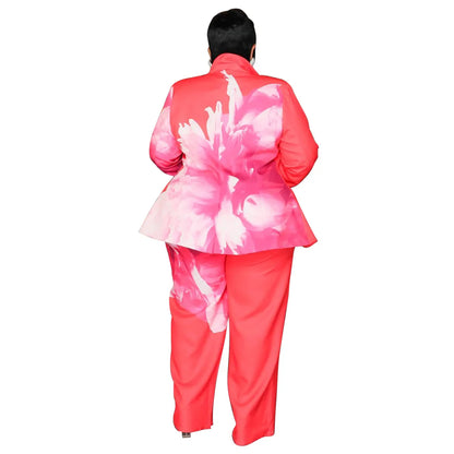 CM.YAYA Plus Size Women's Set Long Sleeve Floral Print Blazer +Wide Leg Pants Suit  Fall Two 2 Piece Set Outfits Tracksuit