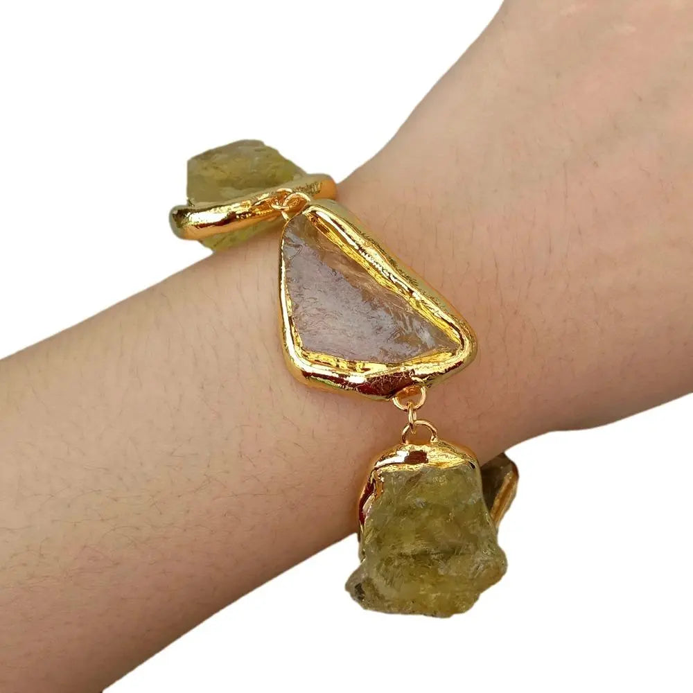 KKGEM Natural 27x33mm Lemon Quartz Rough Raw Nugget Gold Plated Brushed Bead wrap Bracelet Semi Precious Women Jewelry