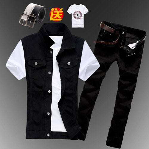 Mens Boys Casual Denim Vest Sleeveless Waistcoat Summer Jeans Pants Trousers Slim Fit Two Piece Set Summer