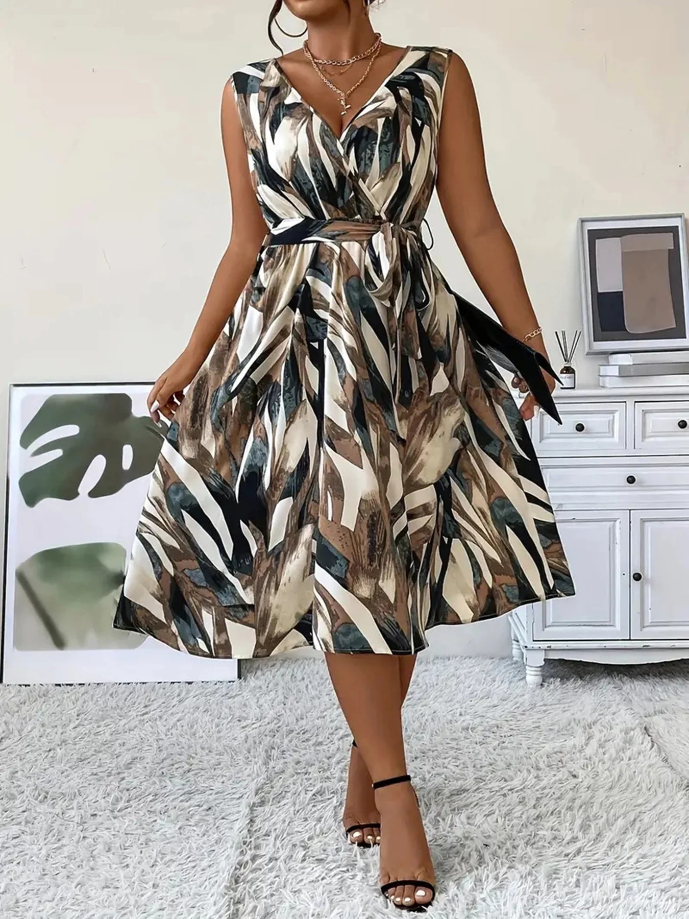 Elegant Plus Size Women's Fashion Print Sexy V-Neck Dress Stylish Commute Slim Fit Sleeveless Dress