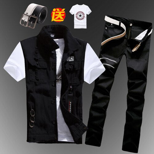 Mens Boys Casual Denim Vest Sleeveless Waistcoat Summer Jeans Pants Trousers Slim Fit Two Piece Set Summer