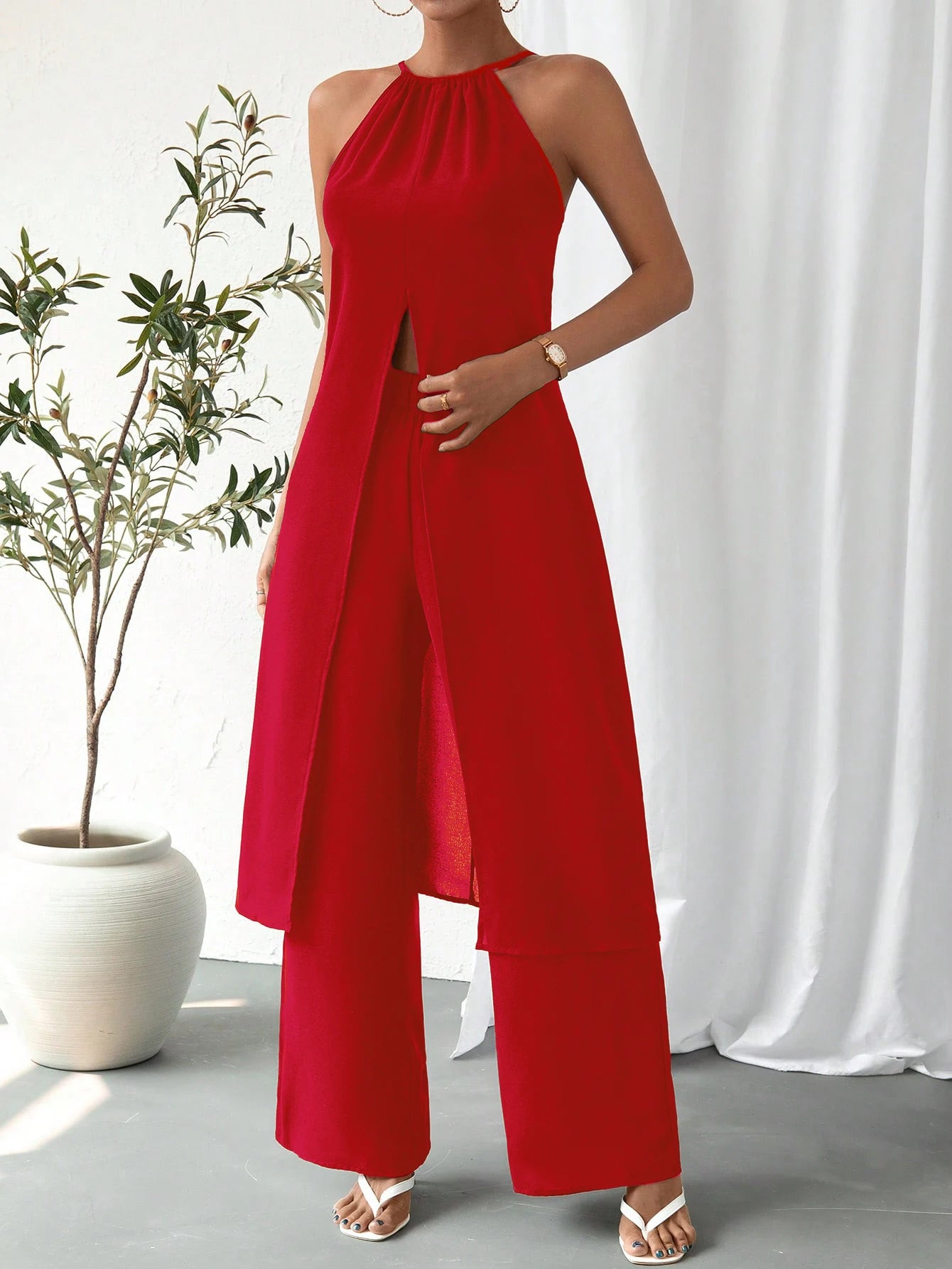 Elegant Casual Solid Color woman Chic Two-Piece Set Strap Design Fashionable Women's Outfit
