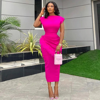 Women Dresses O Neck Pullover Solid Sexy Wrap Buttocks Vestidos Ankle Length Office Lady Dress Slim Fit Sheath Feathers