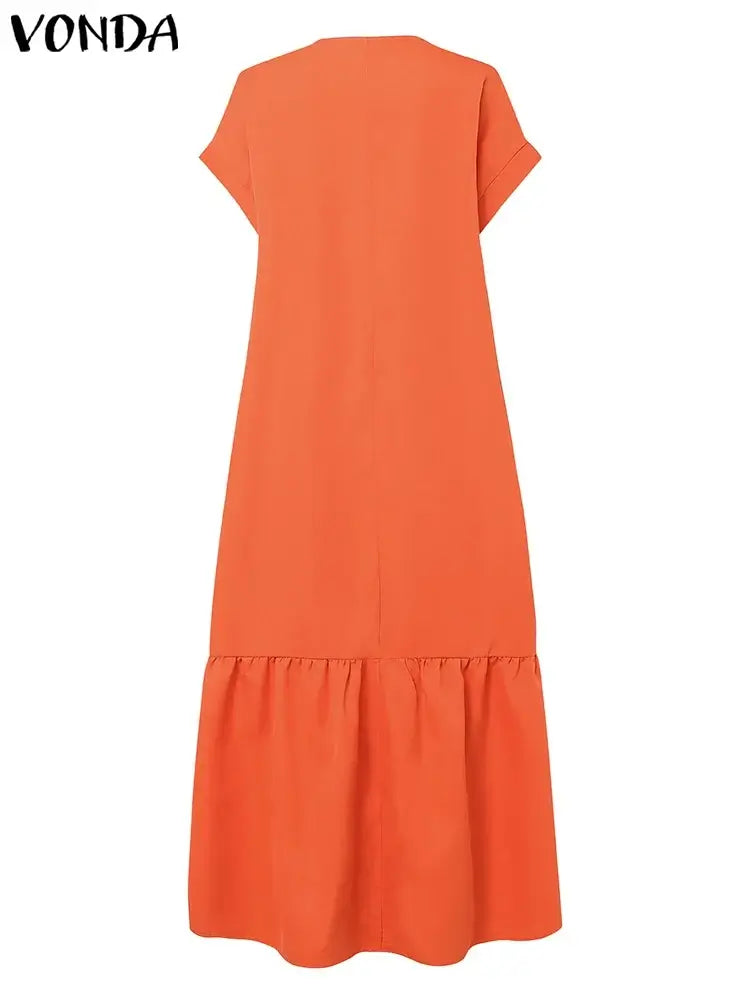 Plus Size VONDA Women Bohemian Dress 2025 Summer Sundress Solid Color Casual Short Sleeve Party Ruffled Vestidos V-Neck Robe