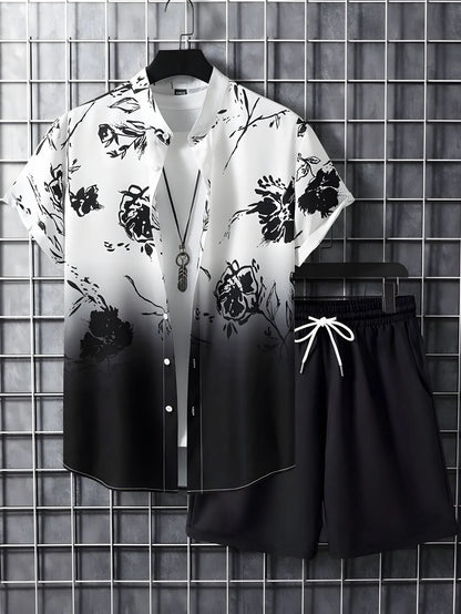 Comfortable Coconut trees leaves color blocking 3D Print shirt +Shorts Two Piece Set Short Sleeve Flip collar shirts half pants