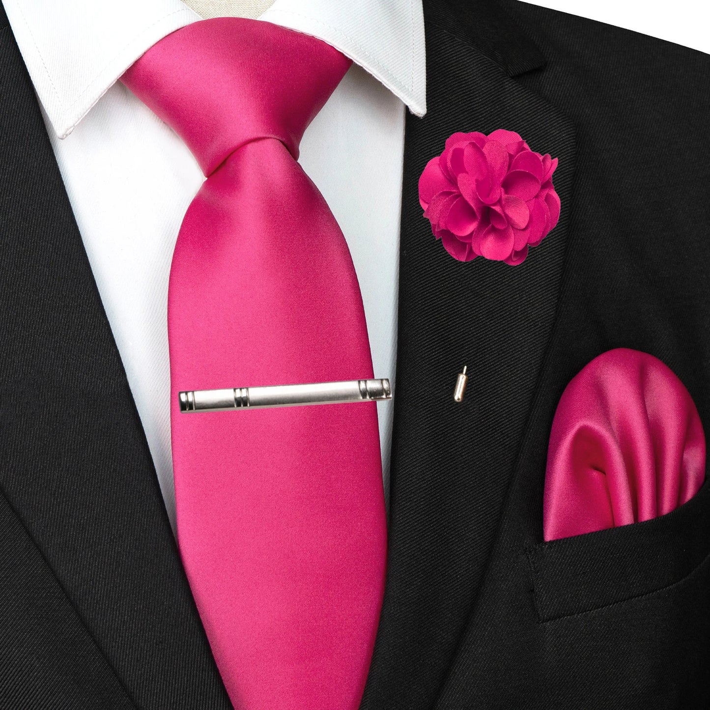 Mens Colors Solid Tie and Lapel Pin Necktie Pocket Square and Tie Clip Sets for Business Casual 4PCS