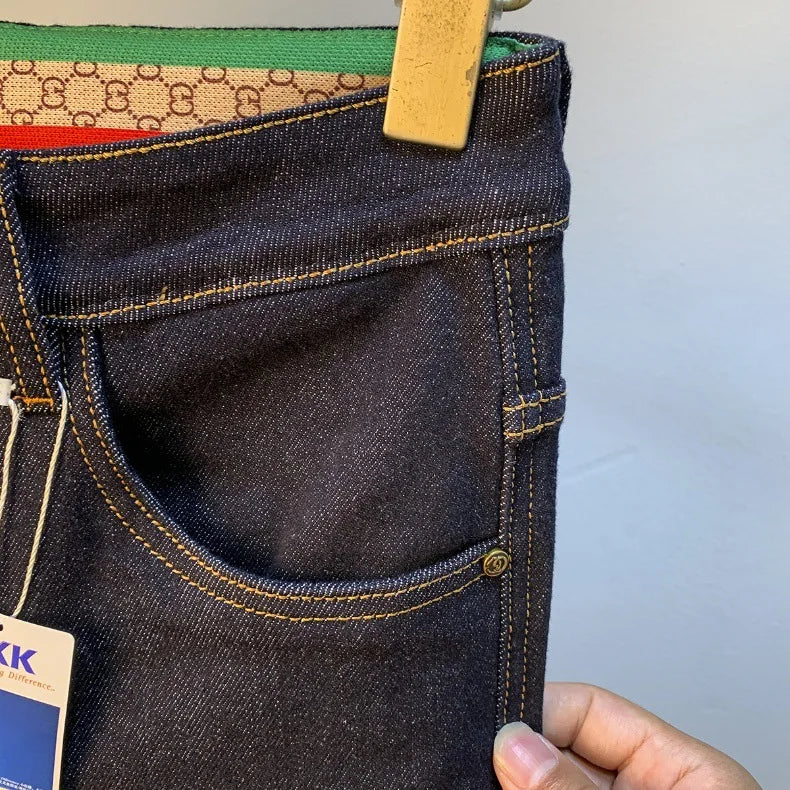 High end light luxury men jeans autumn new item dark blue fashion printed casual straight slim fit cotton washed denim pants