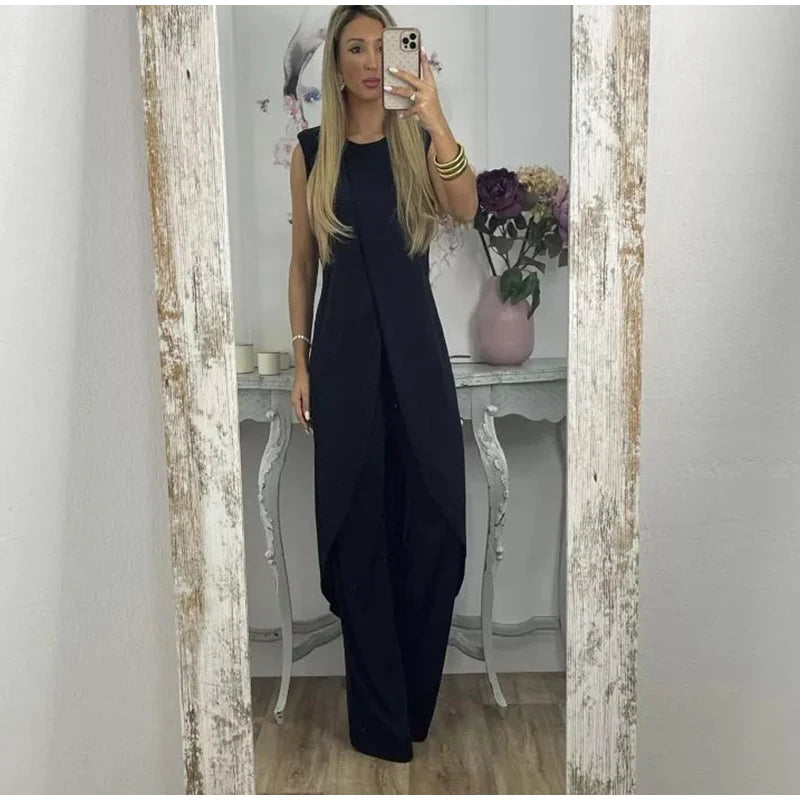 Casual Solid Two-piece Set For Women Fashion Round Necked Sleeveless Long Top Loose Pants Suit 2023 Elegant Lady Chic Outfits