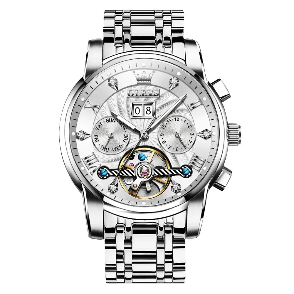 OLEVS Classic Men's Watches Tourbillon Multi-function Full Automatic Men Watch High end Male Wristwatches Mechanical Watch 9910 with silver dial.